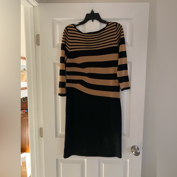 Ann Taylor Outlet Black Tan Striped Long Sleeve Asymmetrical Midi Sweater Dress - Picture 2 of 2